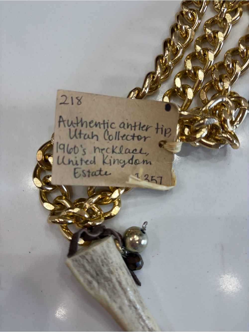 Gold Chain Necklace with Natural Antler Pendant by - Picture 2 of 2